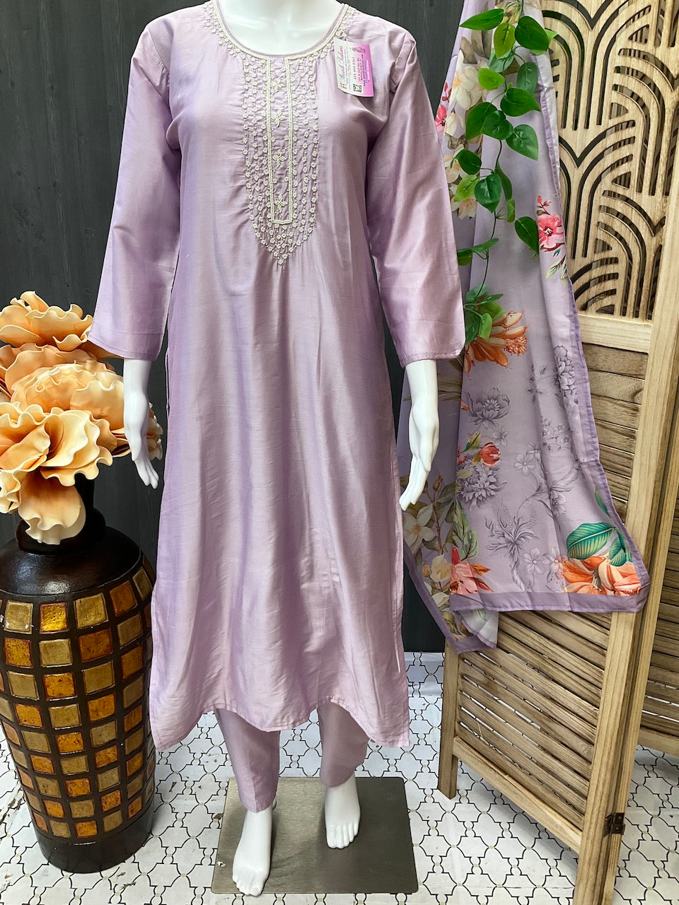 Lilac color Party Wear Chanderi silk Kurti set image 1
