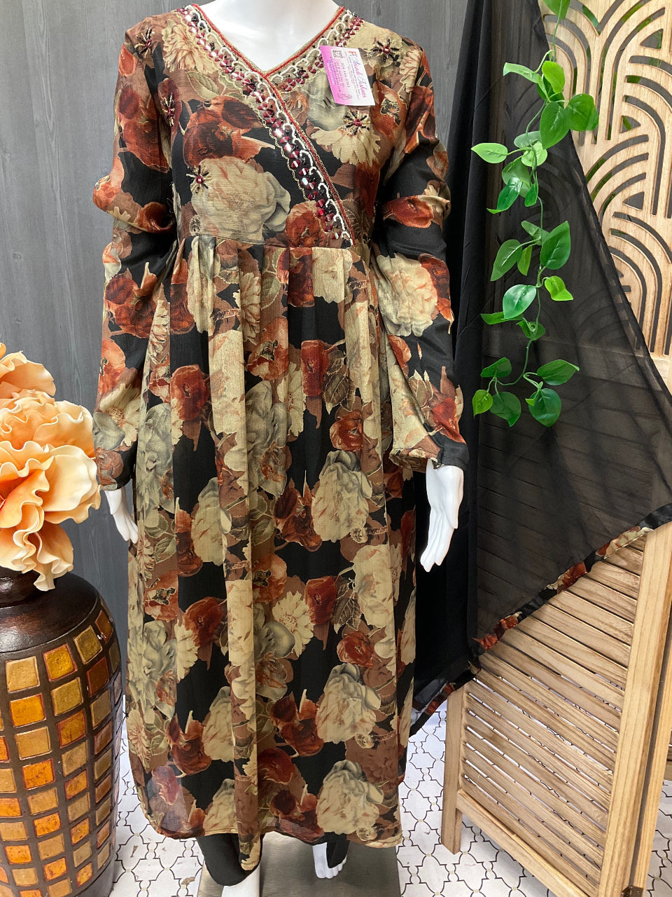 Plus Sizes Chudidhar set - Floral Print Satin Silk Set with Full Sleeve image 0