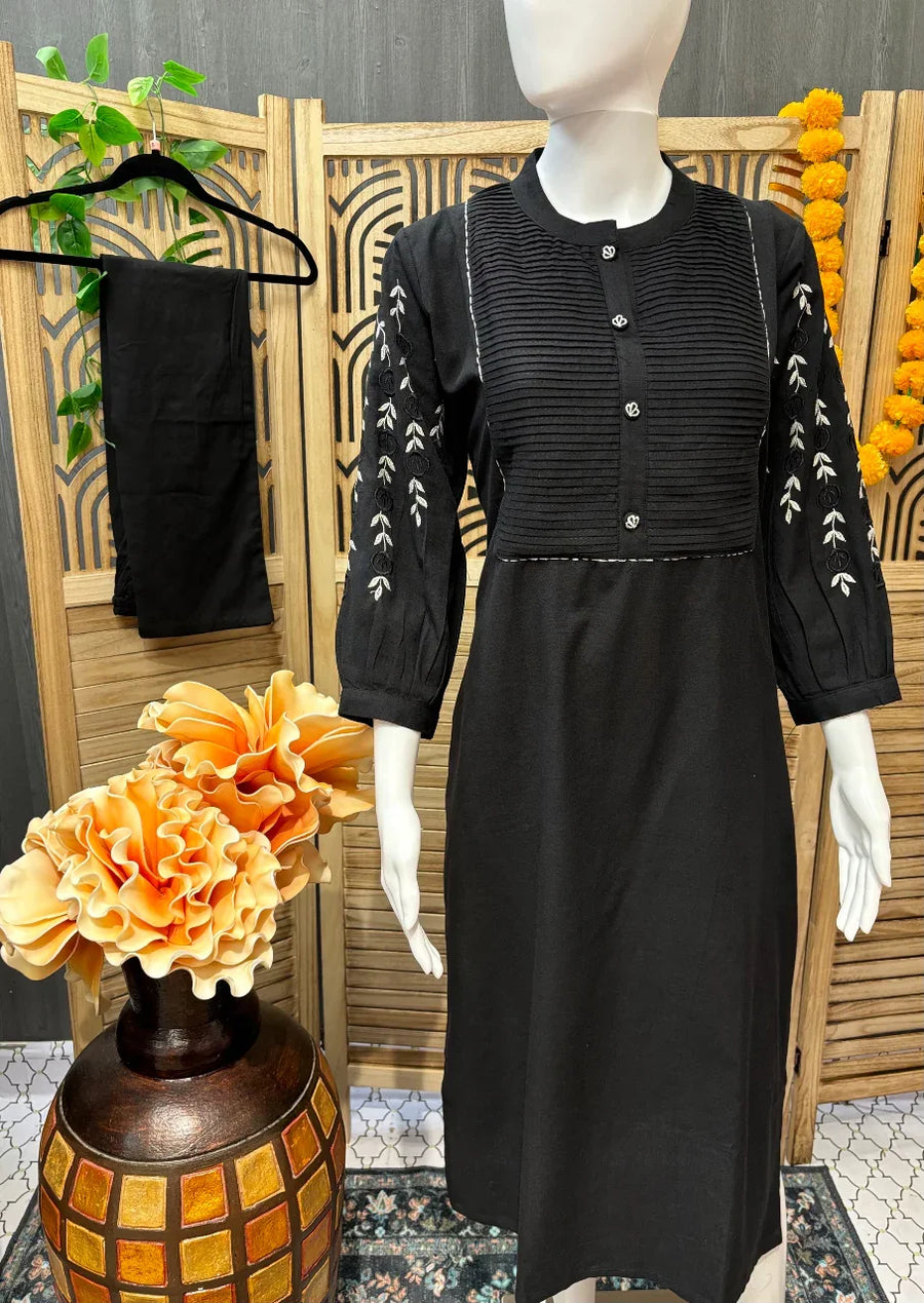 Size 38-Black Pure Cotton Kurti Set