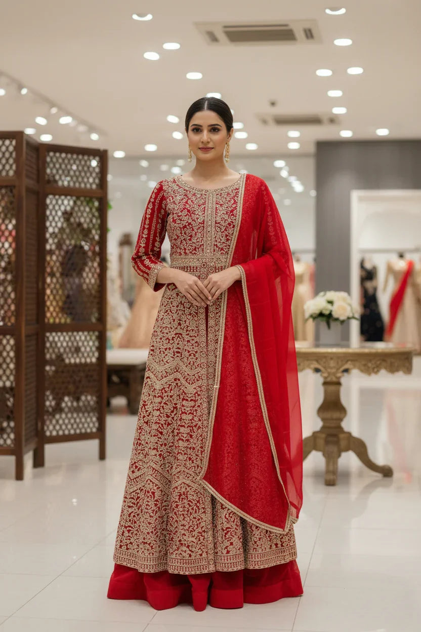 Woman wearing red and gold Indian ethnic floor-length anarkali suit with intricate embroidery and matching dupatta in boutique showroom