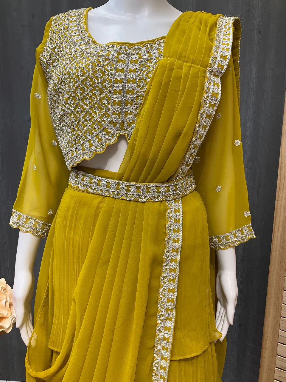Ready to Wear Saree with Alia Cut Blouse Size 40 - Georgette with Belt