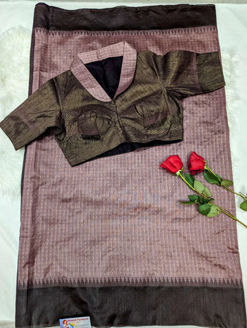 Tussar Silk Saree with Stitched Blouse Size 38 - Onion Pink & Brown Fancy