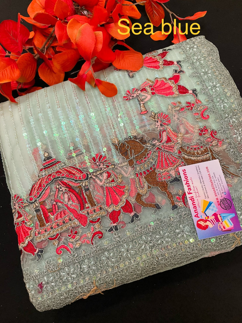 Sequin Saree - Heavy Party Wear with King and Queen Border image 3