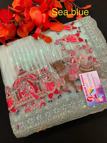 Sequin Saree - Heavy Party Wear with King and Queen Border