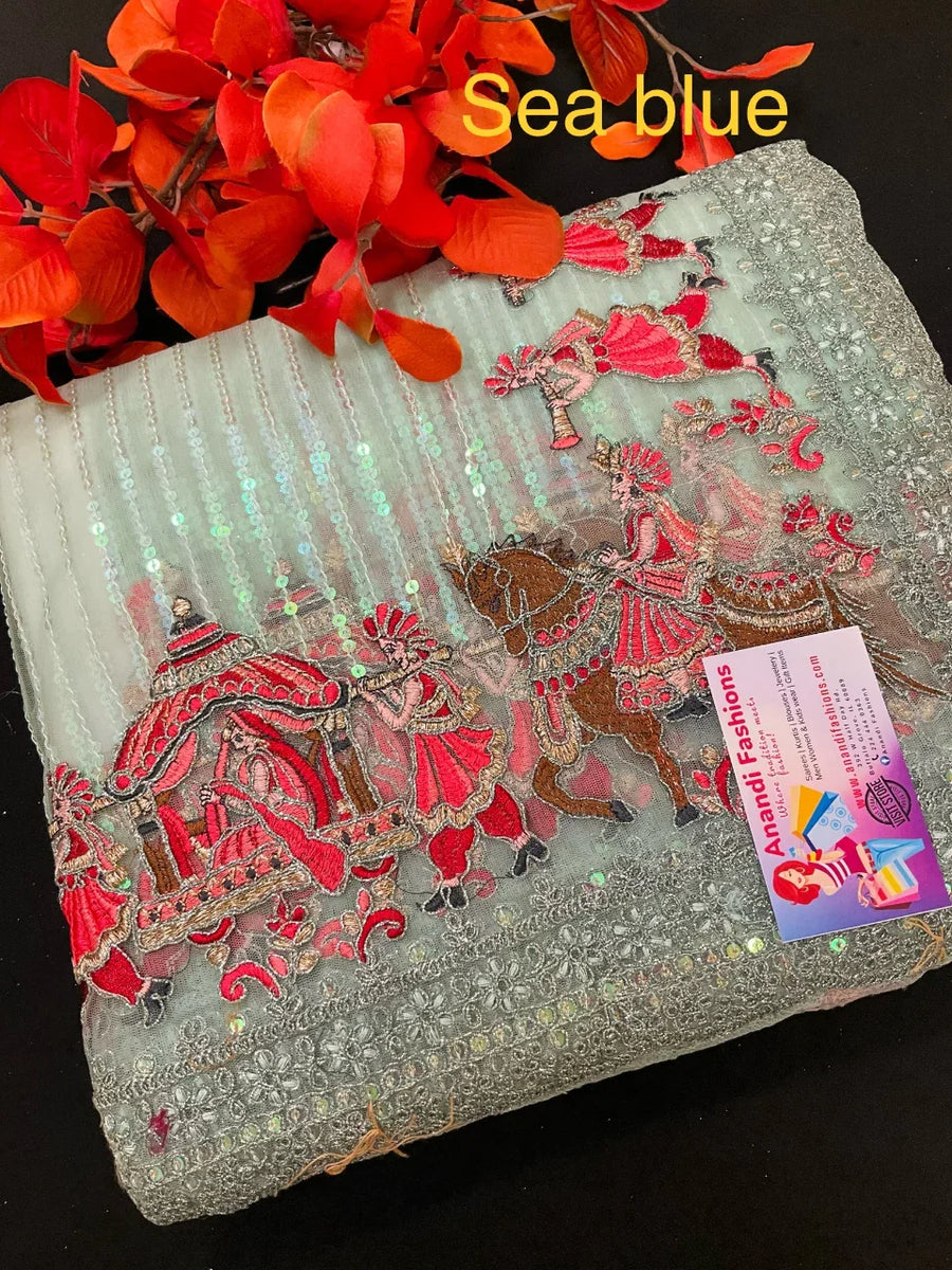 Sequin Saree - Heavy Party Wear with King and Queen Border