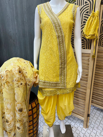 Yellow Color - Dhoti Style Kurti set with floral print dupatta