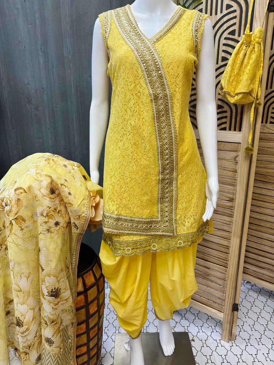 Yellow Color - Dhoti Style Kurti set with floral print dupatta