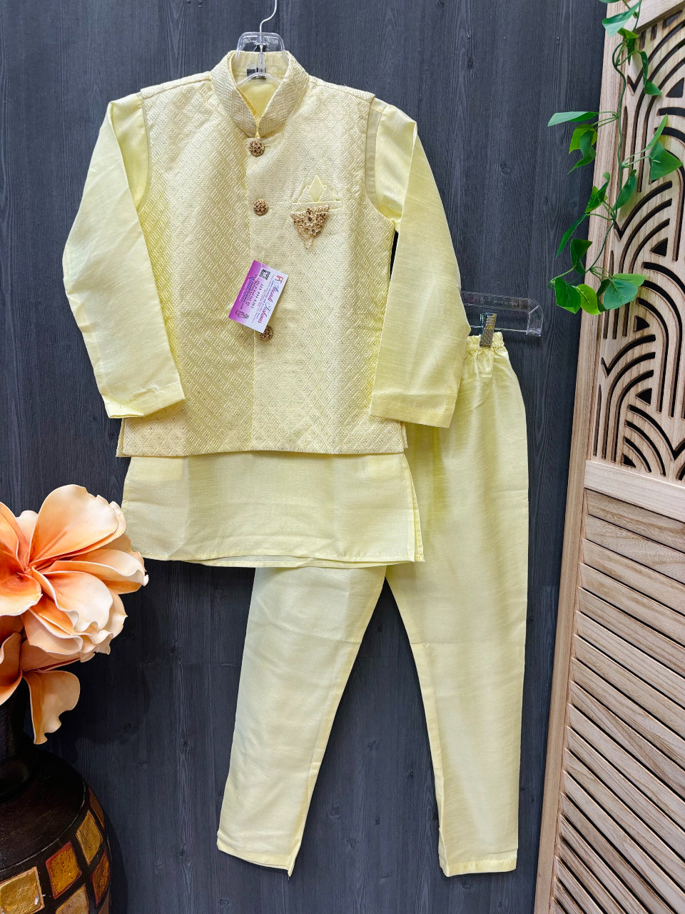 Yellow Green - Boys sherwani set with Vest image 0