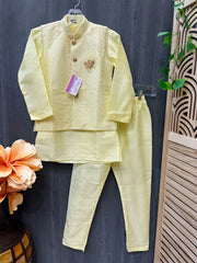Boys Yellow Green Sherwani Set with Vest - Kids Wedding Wear