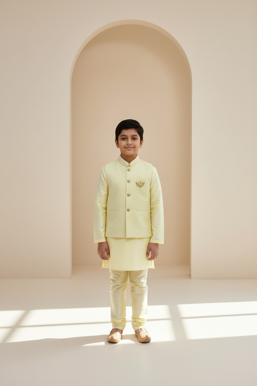 Boys Yellow Green Sherwani Set