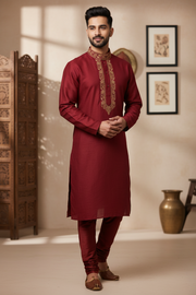 Men’s Maroon Embroidered Kurta Set