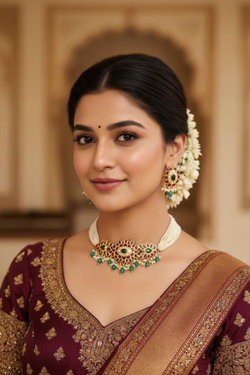 Close-up of woman wearing maroon embroidered saree, traditional Indian necklace and earrings with floral hair adornment in elegant setting