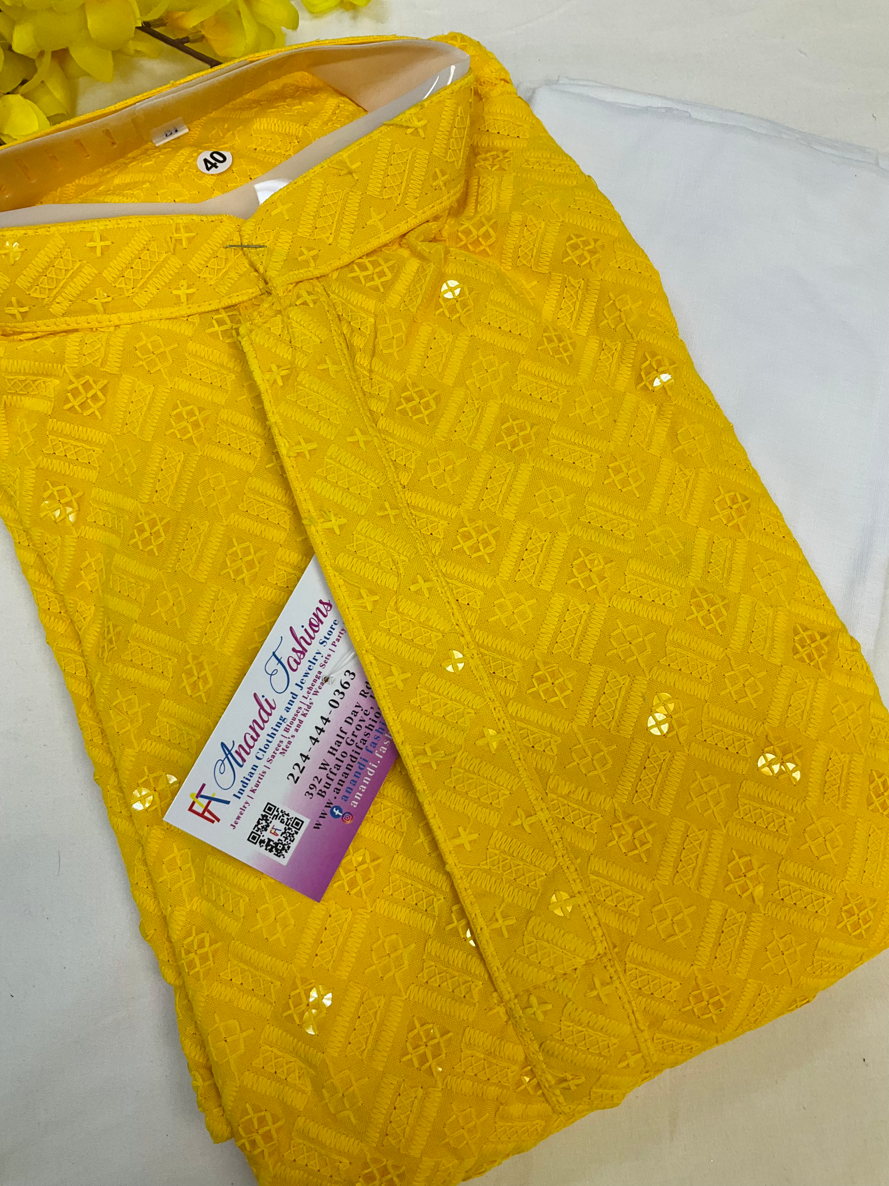 Size 40 - Yellow chikankari kurta set for men image 0