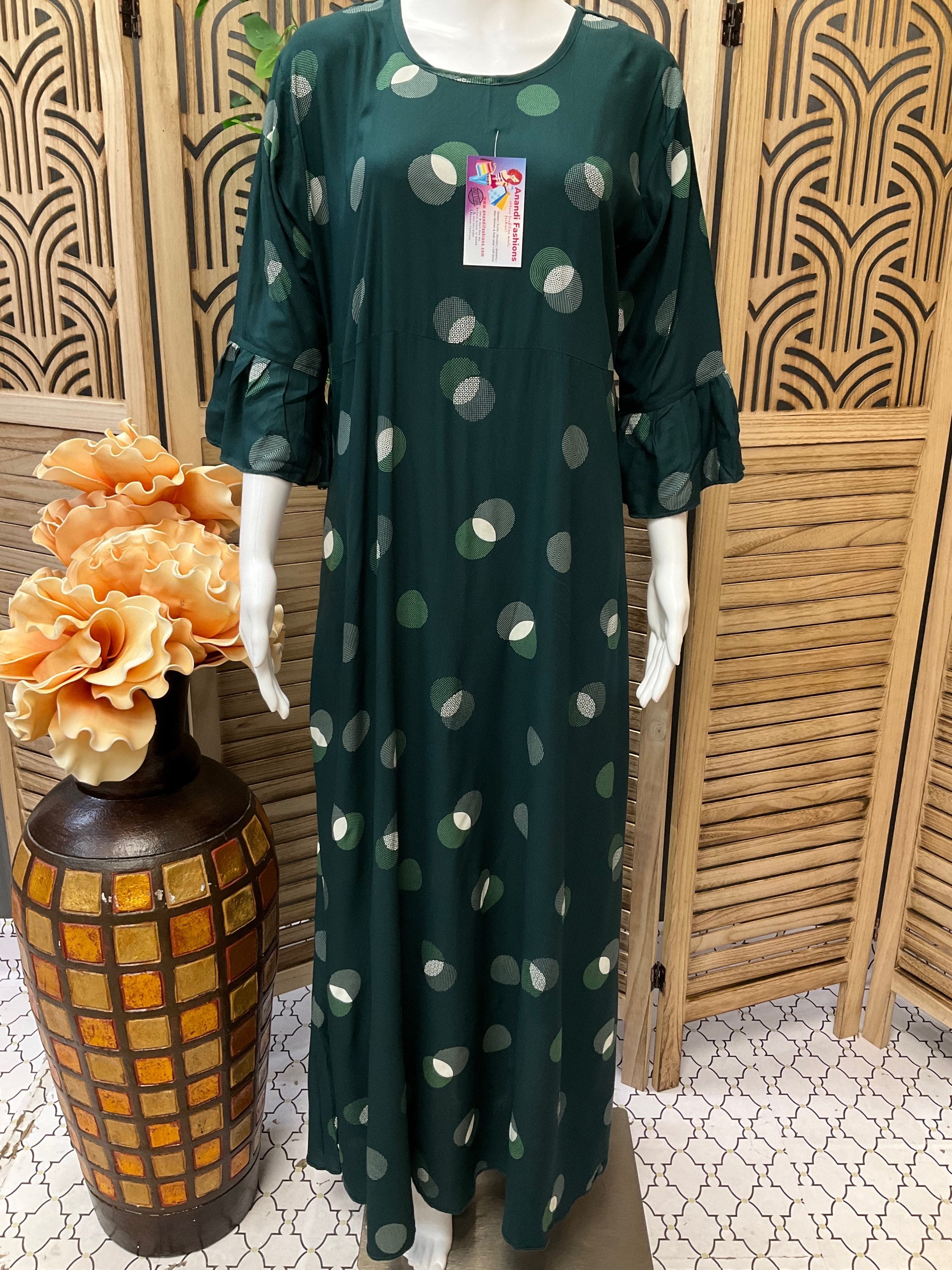 Indian Nighties - Rayon bottle green nighty with elbow sleeves image 0