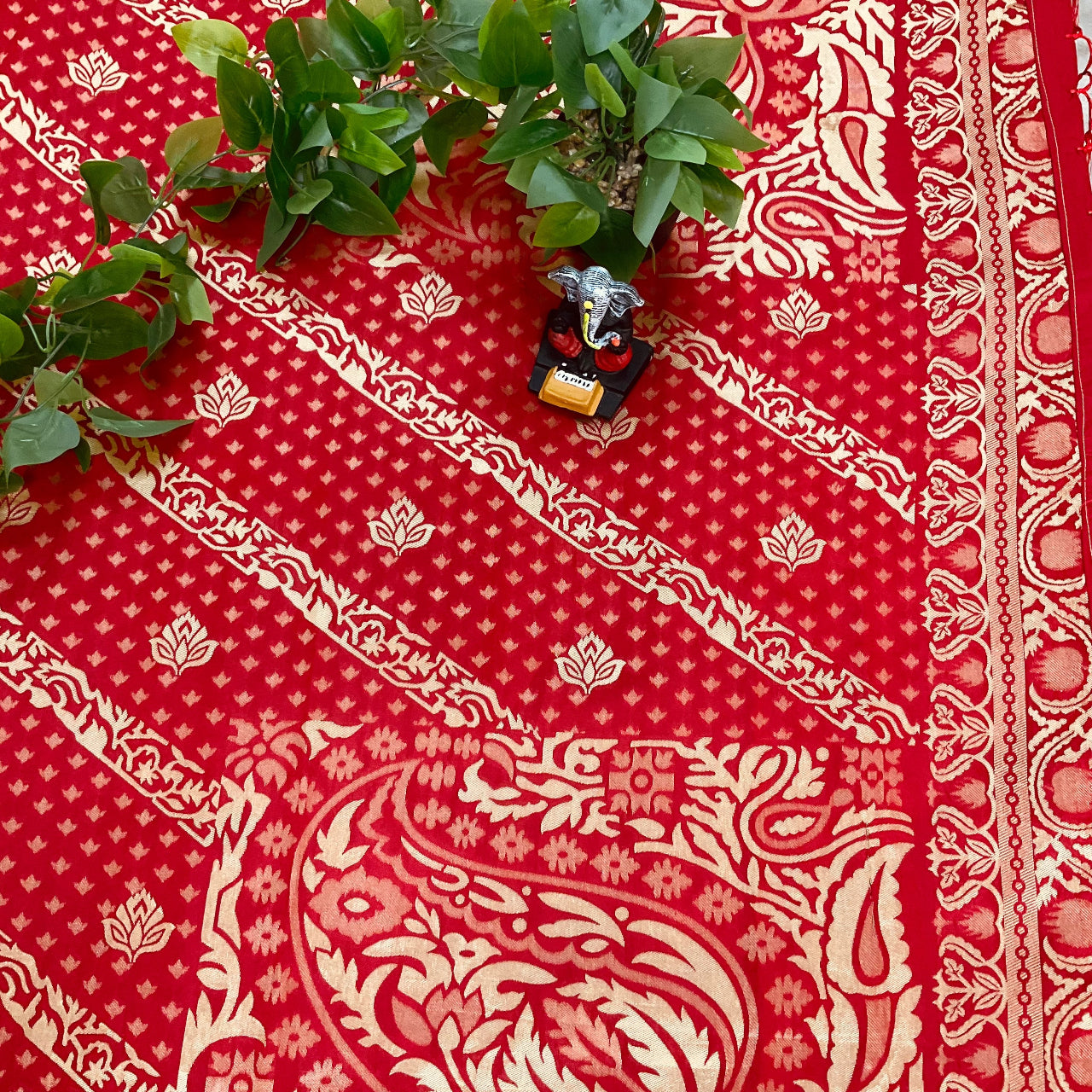 Art silk saree in red and gold image 1