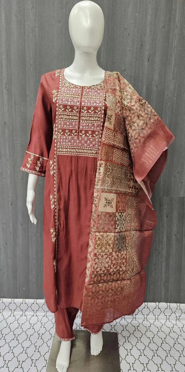 Indian Chudidhar - Party Wear Modal Silk Kurti Set with Chanderi Dupatta- Size 40