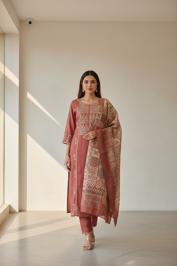 Indian Chudidhar - Party Wear Modal Silk Kurti Set with Chanderi Dupatta- Size 40