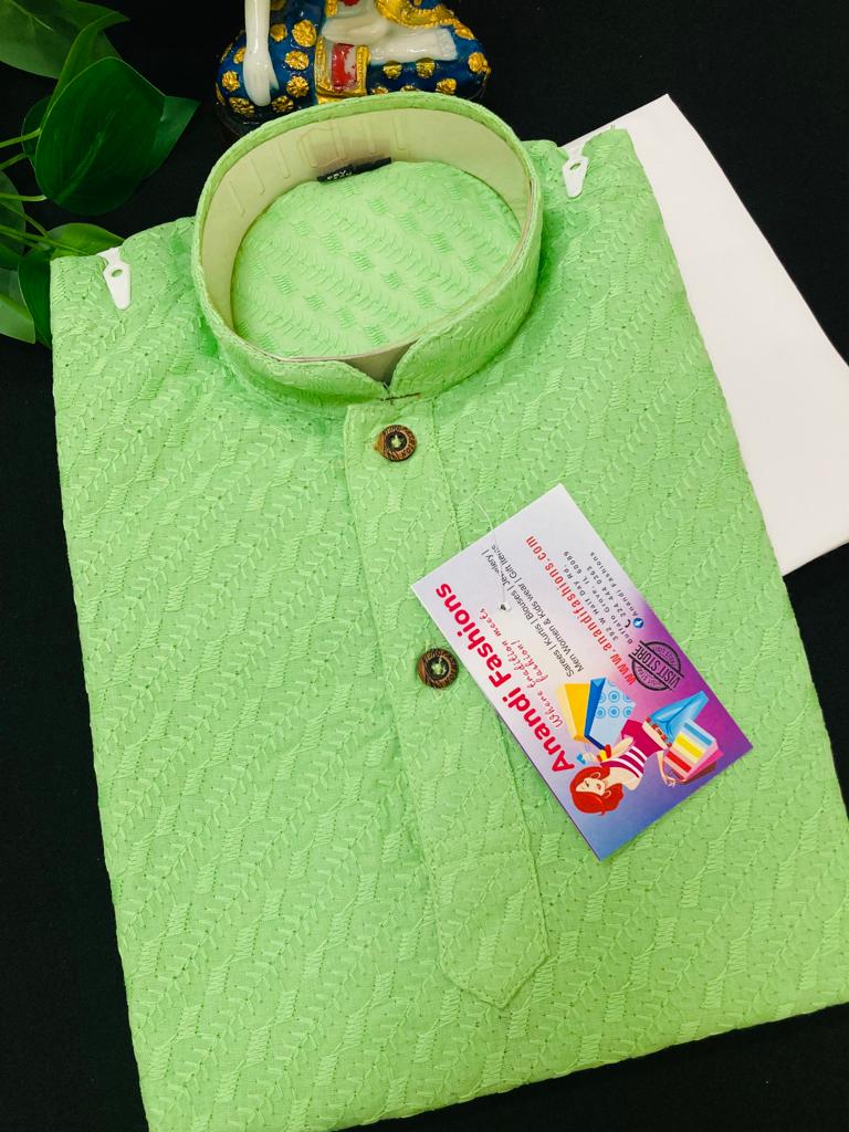 Boys Kurta Pajama - Boys Cotton Chikankari Light Green Kurta Set image 0