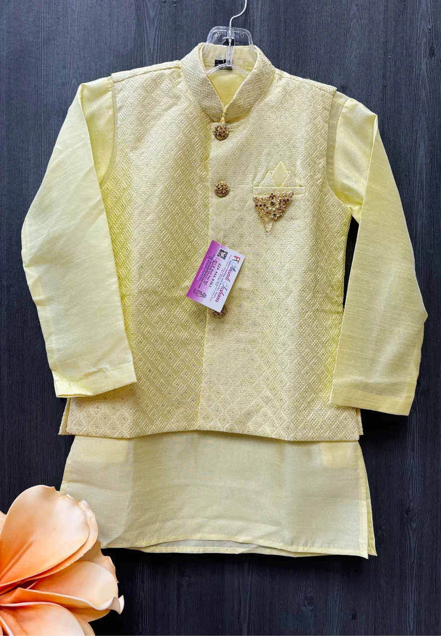 Boys Yellow Green Sherwani Set with Vest - Kids Wedding Wear