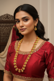 Young woman in deep red ethnic blouse with gold embroidery wearing traditional gold and red jewelry necklace and earrings