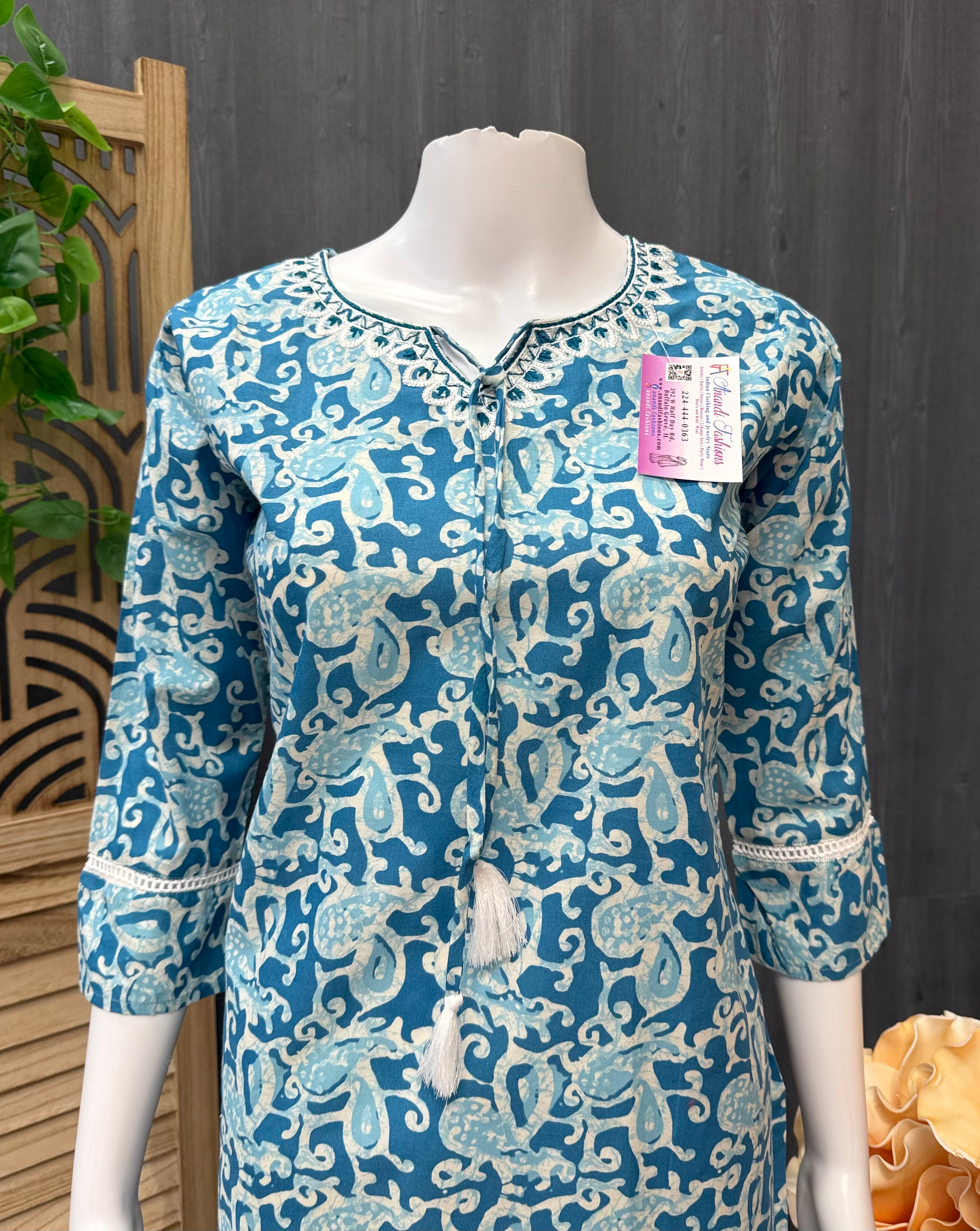 Blue color-Pure Cotton-Short Kurtis with Print-Size 36 image 2