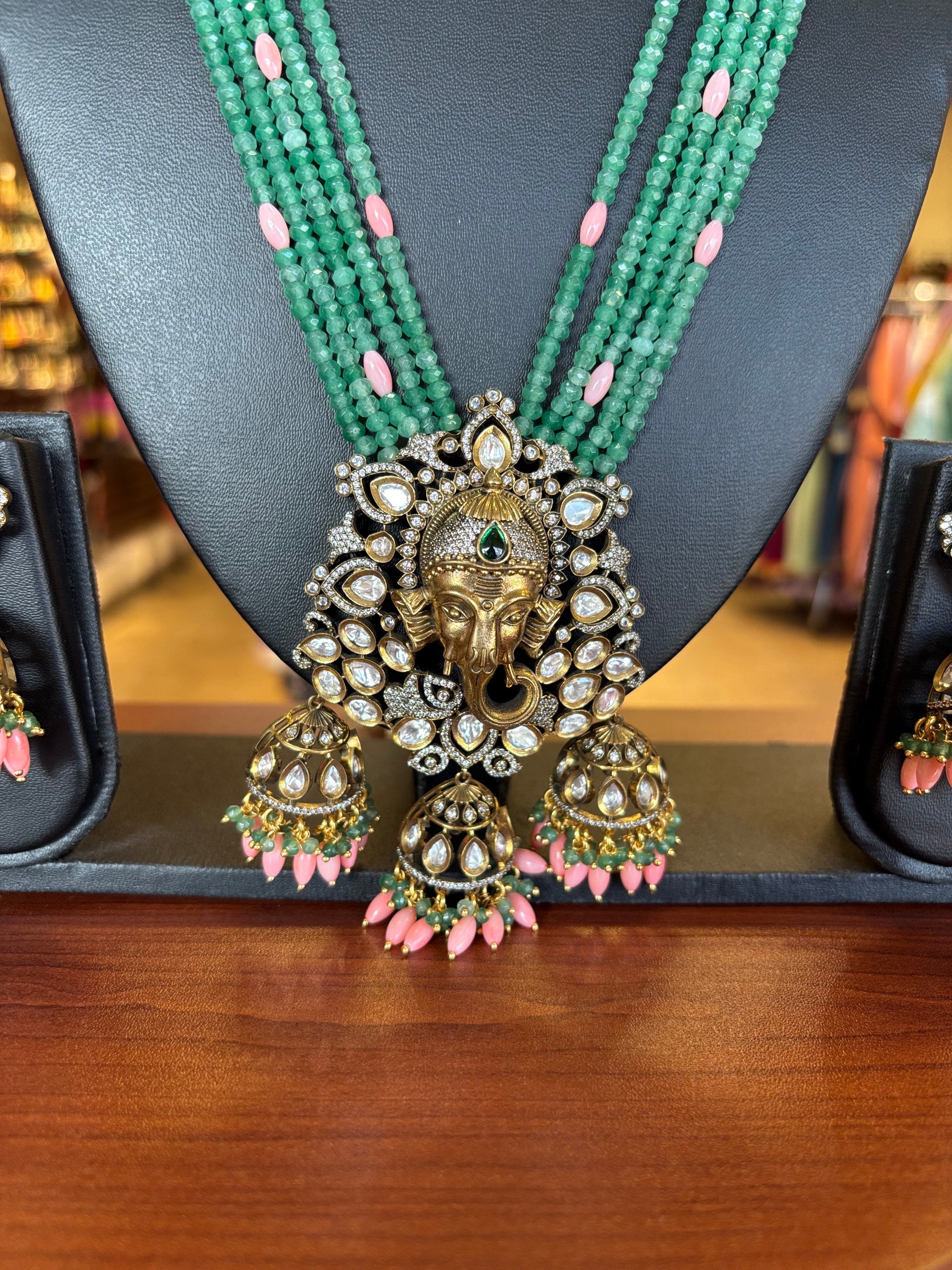 Beads Mala with Victorian Ganesha Pendant and jhumkas image 3