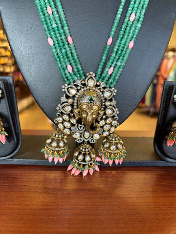 Beads Mala with Victorian Ganesha Pendant Necklace set and jhumkas