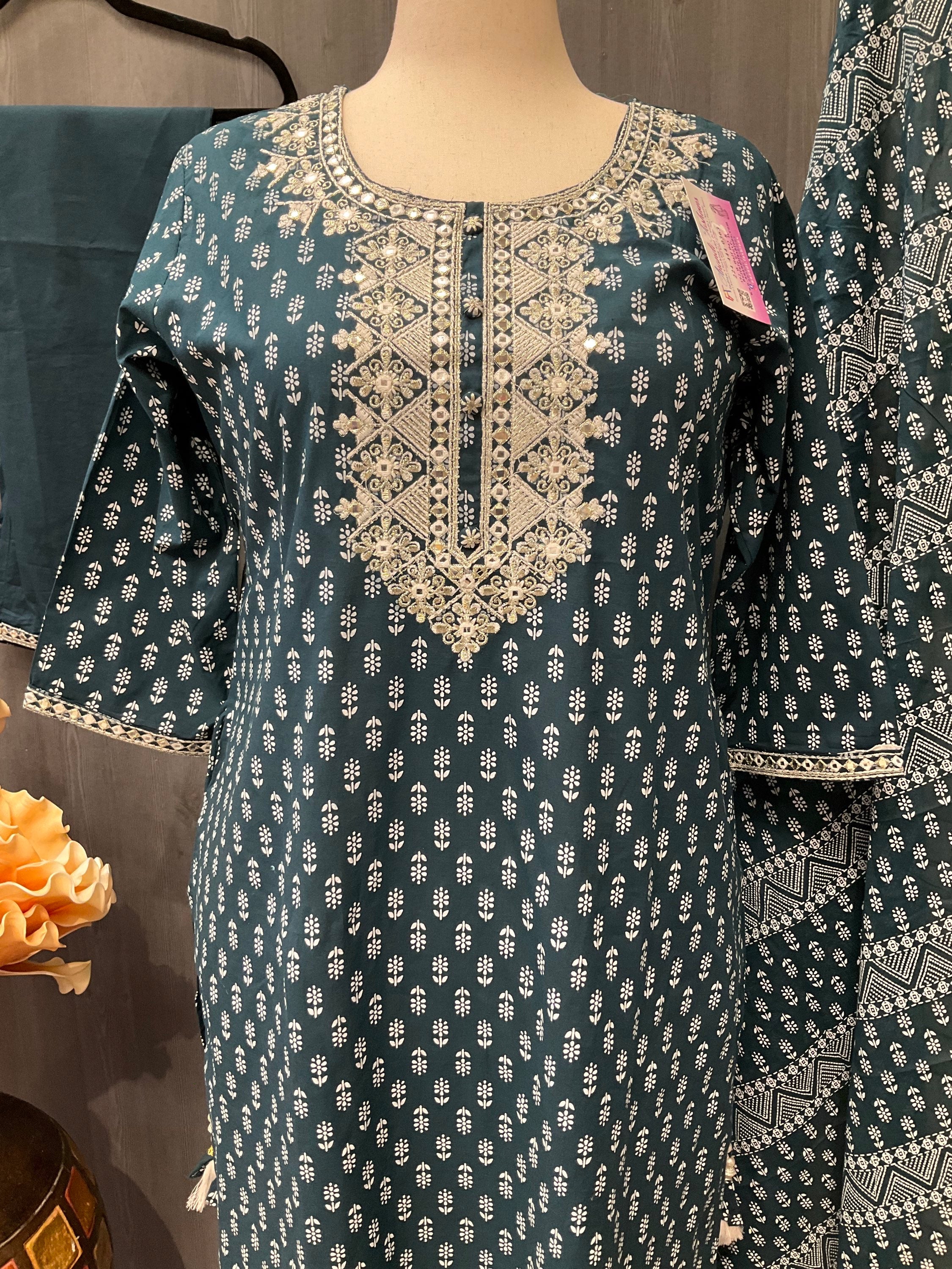 Plus Size- Teal Blue Color Pure Cotton Kurti set image 3