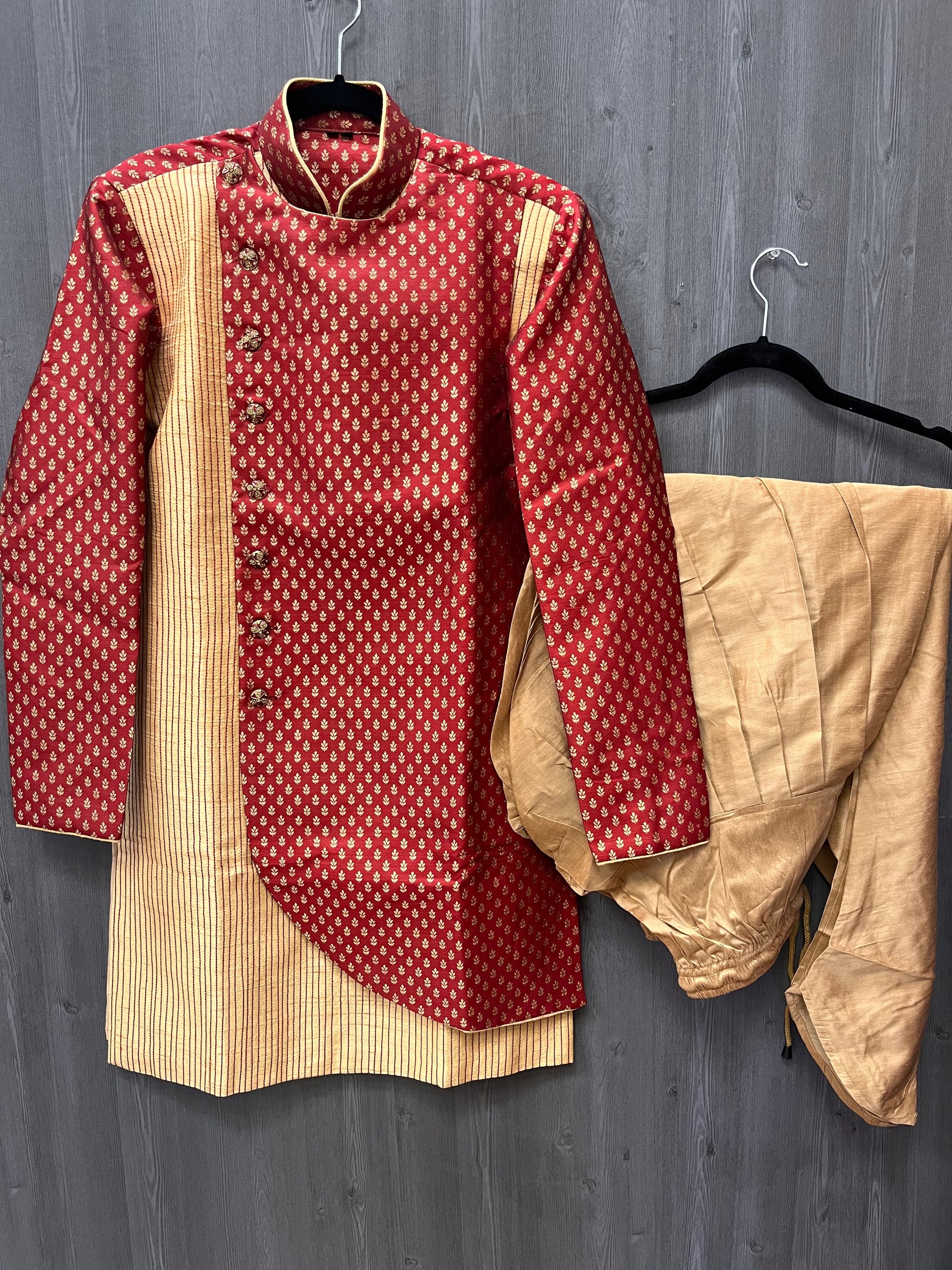 Size 34-Mens Sherwani - Dazzling Red Gold Sherwani with Jodhpuri Pants for Men image 0