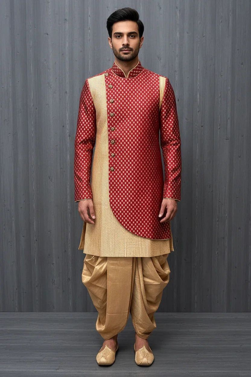 Man wearing red and beige Indian ethnic sherwani with gold buttons and beige dhoti pants against gray wooden wall