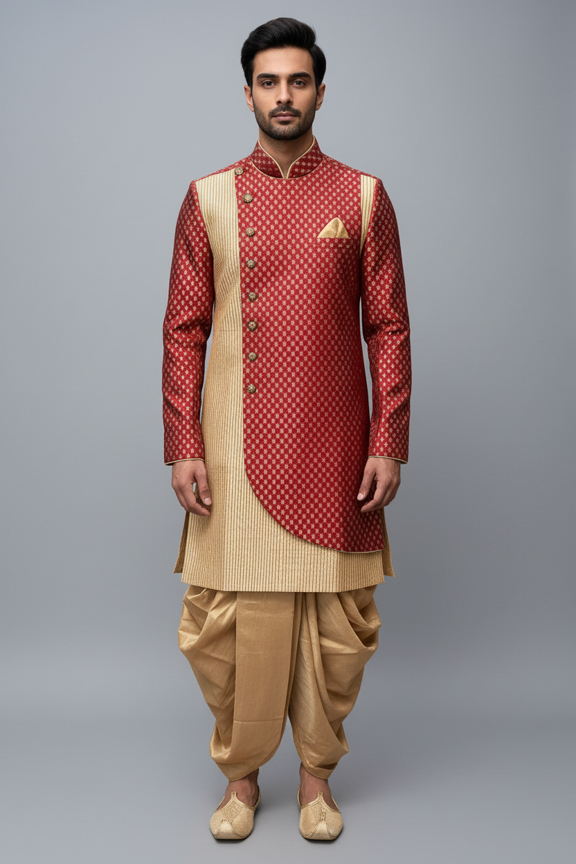 Men’s Dazzling Red Gold Sherwani Set