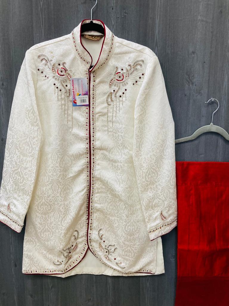 Mens Sherwani - Royal and Elegant White Sherwani with Jodhpuri Pants - Size 36
