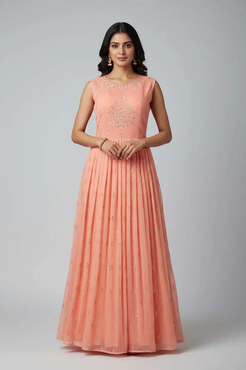 Woman in a peach sleeveless Indian ethnic gown with intricate gold embroidery, standing against a gray background