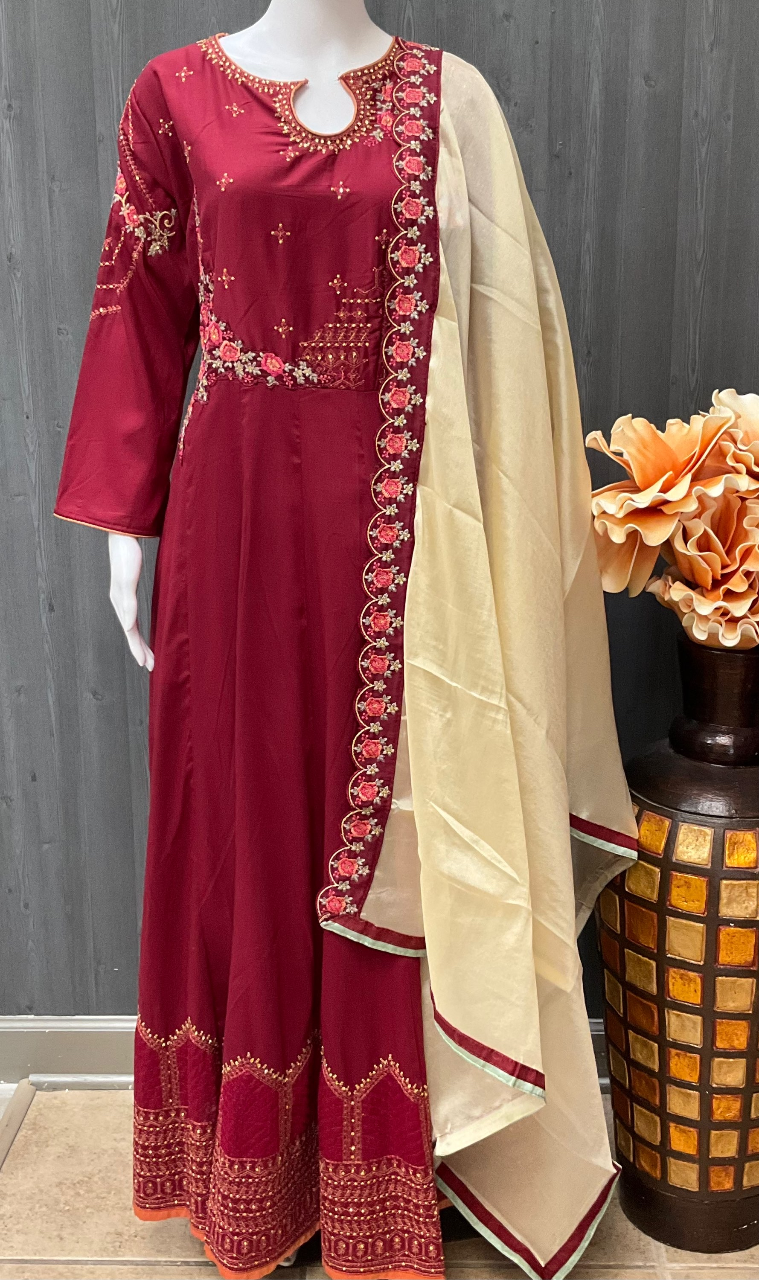 Indian Party Dresses - Maroon Color long party wear dress in size 40/US S image 1