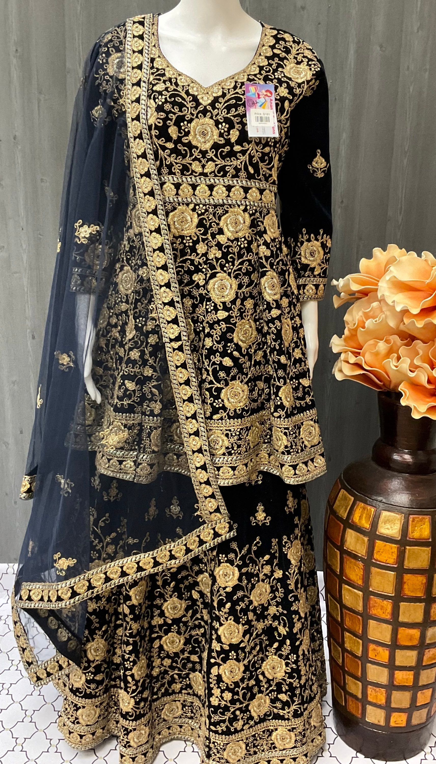 Bridal velvet navy blue lehanga with peplum top image 4