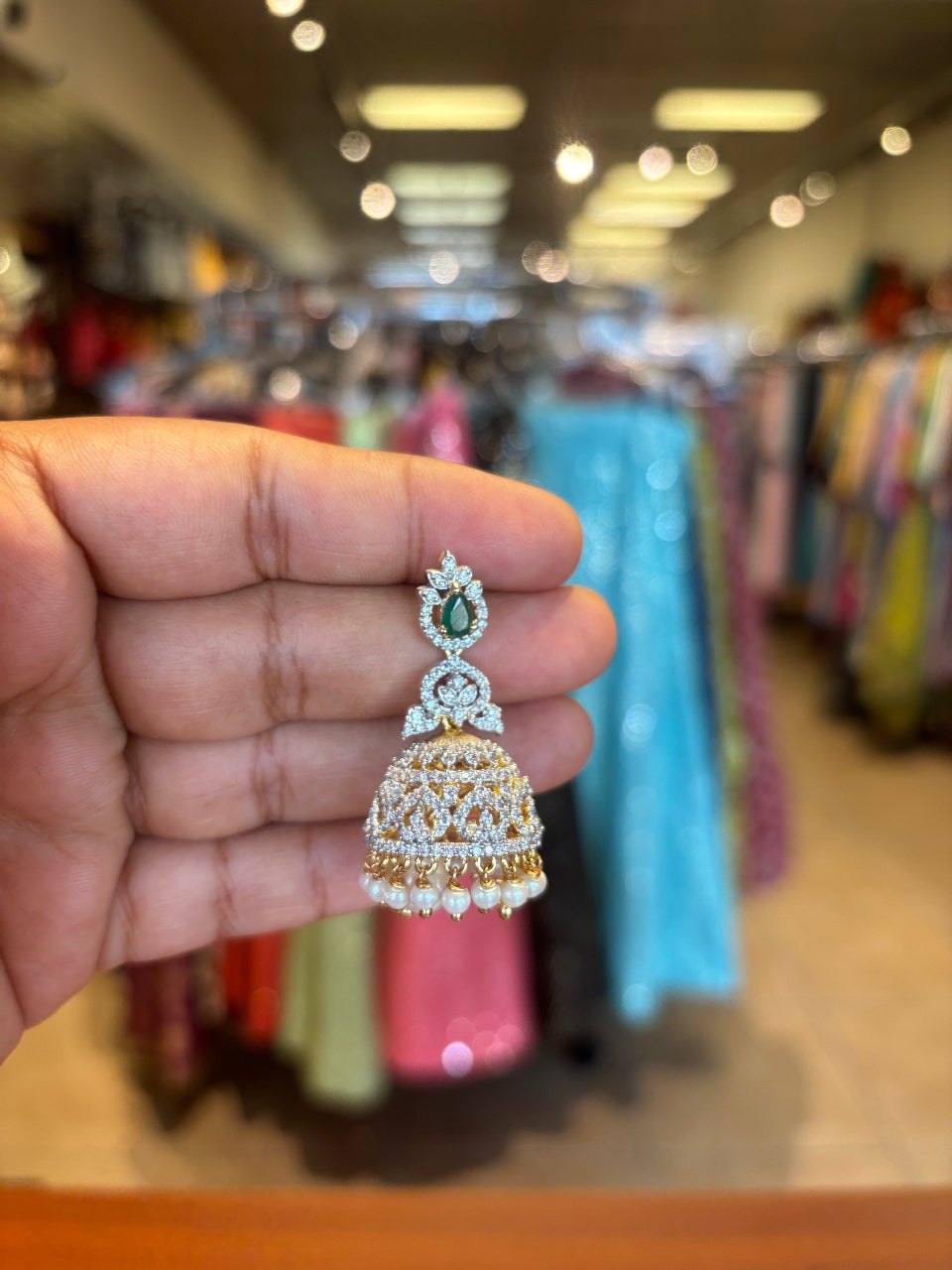 Jhumka Earrings - Premium Quality Emerald Stone CZ Earrings image 1