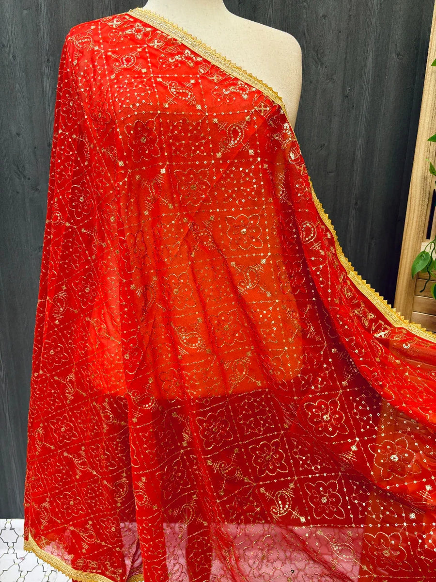 Gold Zari Embroidery Dupatta with Gotta Patti Border - Elegant Festive Wear