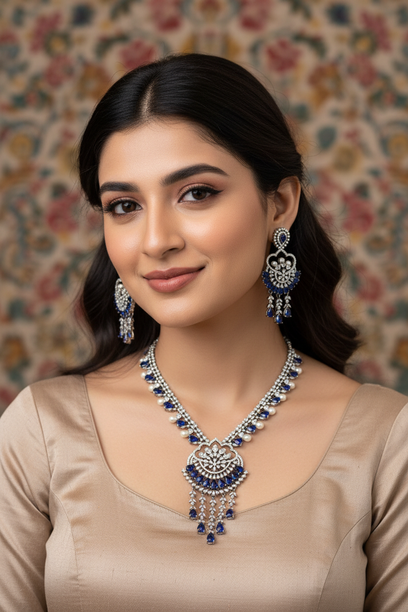 Close-up of woman wearing blue and silver traditional Indian jewelry necklace and earrings with floral backdrop