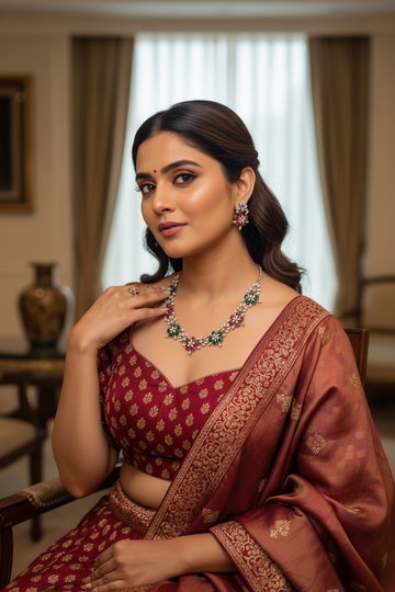 Woman in red and gold Indian saree with floral jewelry, sitting indoors with elegant decor