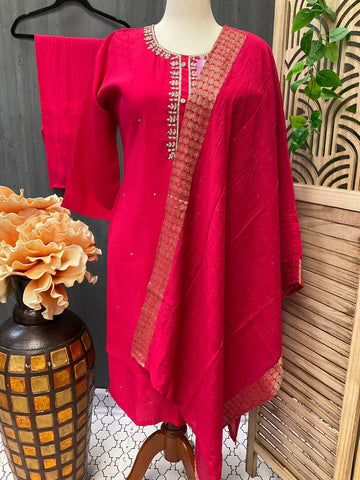 Plus Size Hot Pink Party Wear Kurti Set - Roman Silk 3-Piece