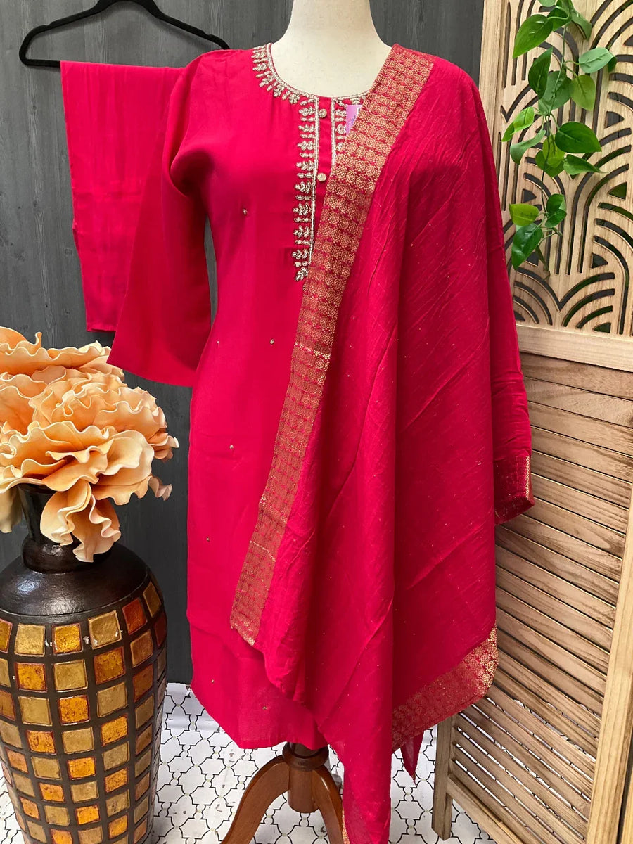 Plus Size Hot Pink Party Wear Kurti Set - Roman Silk 3-Piece