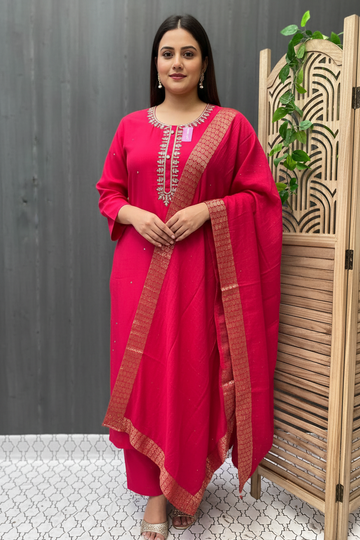 Plus Size Hot Pink Party Wear Kurti Set - Roman Silk 3-Piece
