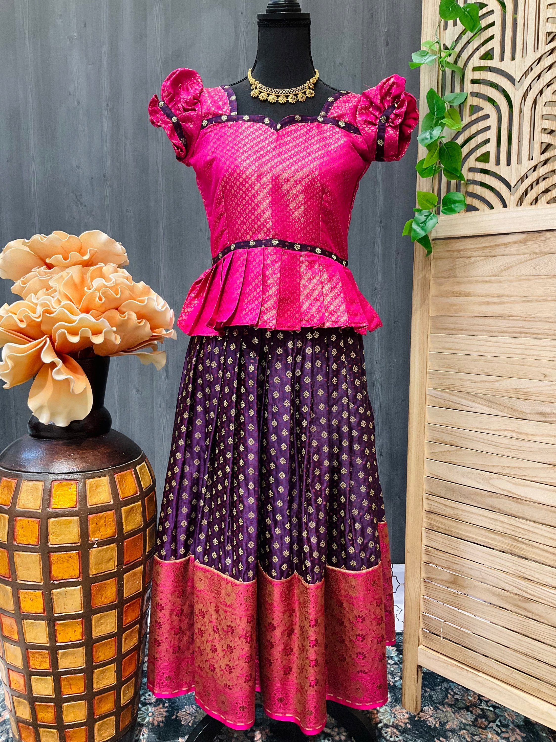 Pink - Purple Color South Indian Pattu Pavadai set- Size 30/32 image 2