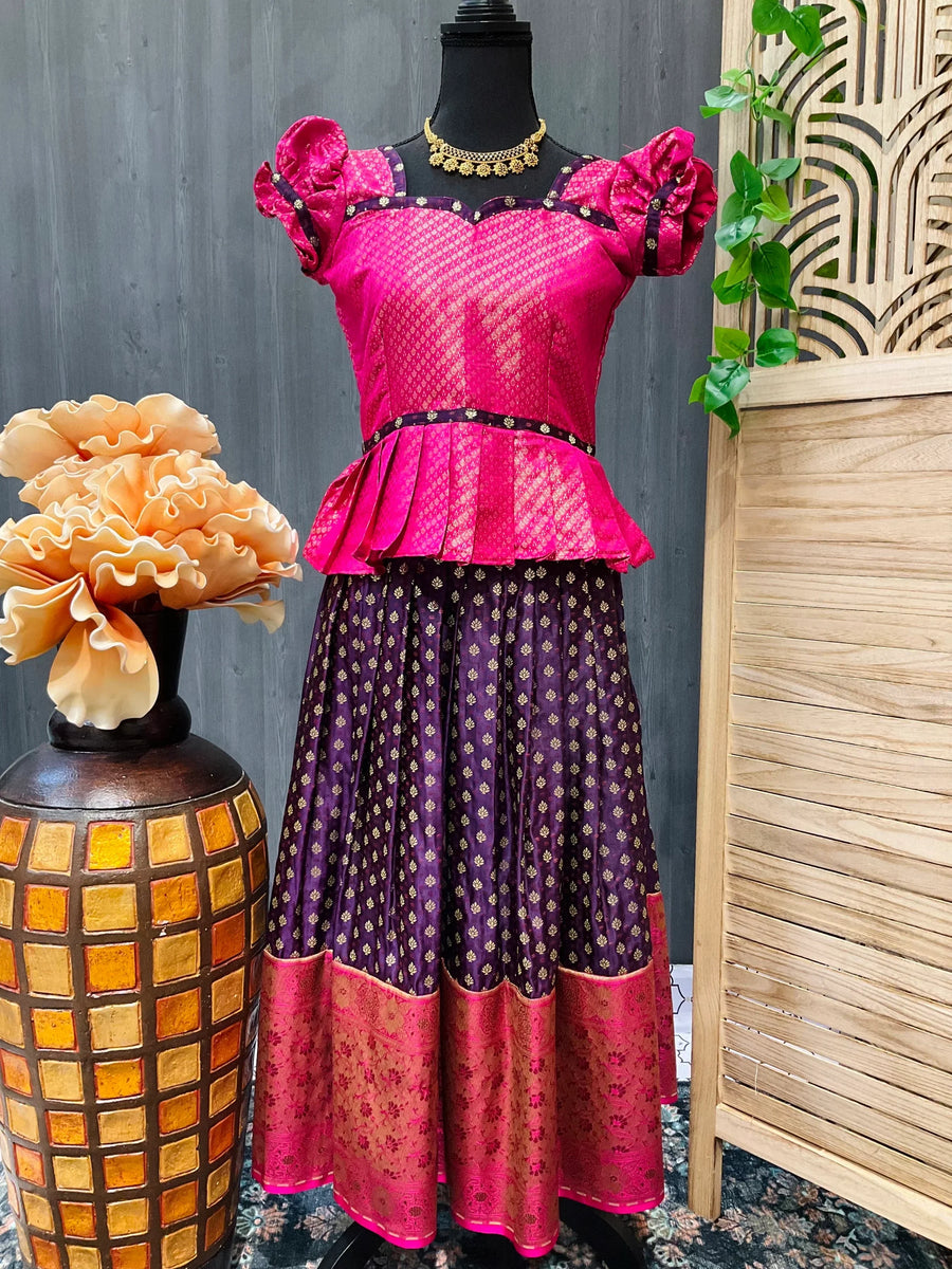 Pink - Purple Color South Indian Pattu Pavadai set- Size 30/32
