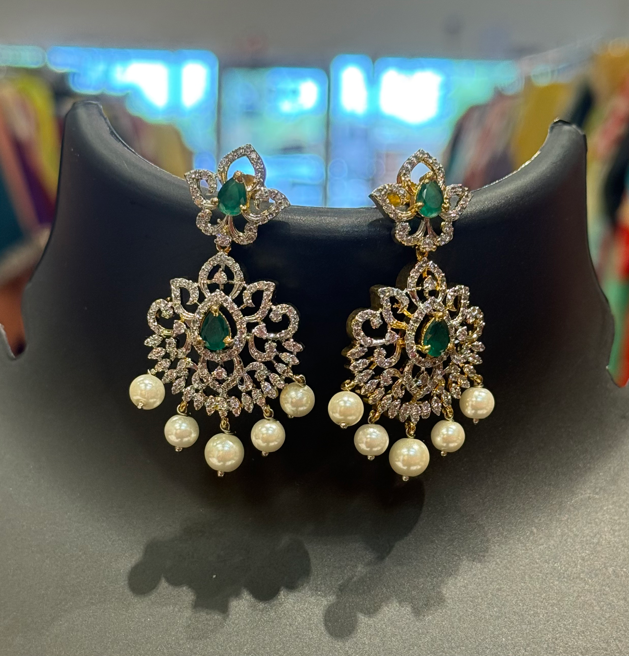 Party Wear - CZ Chandbali Earrings with Emerald Stones image 0