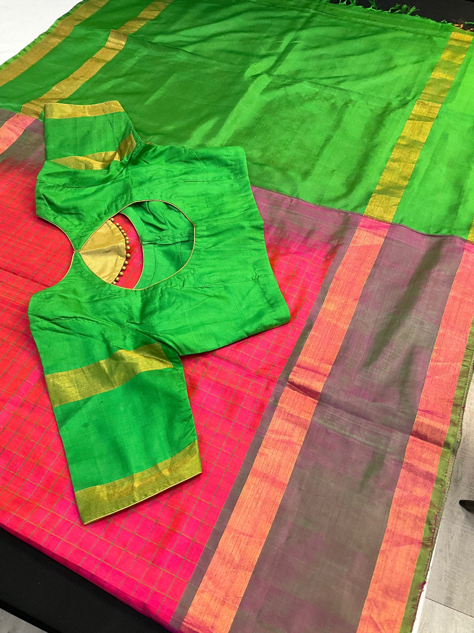 Pinkish Orange Premium  Uppada Silk Checks saree image 1