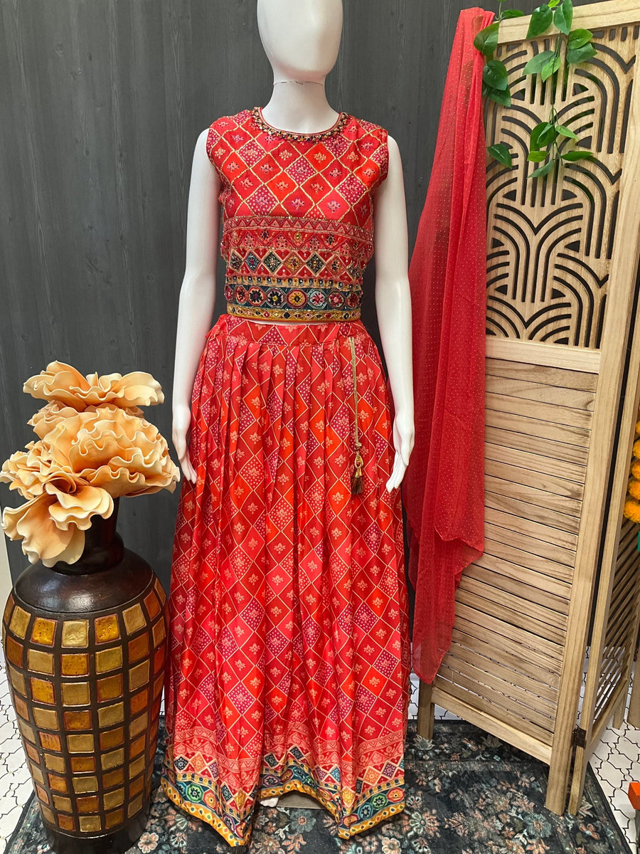 Teen Girls - Orange Lehenga set with Bandhani print