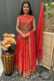 Teenage Girls Orange Bandhani Print Lehenga Set