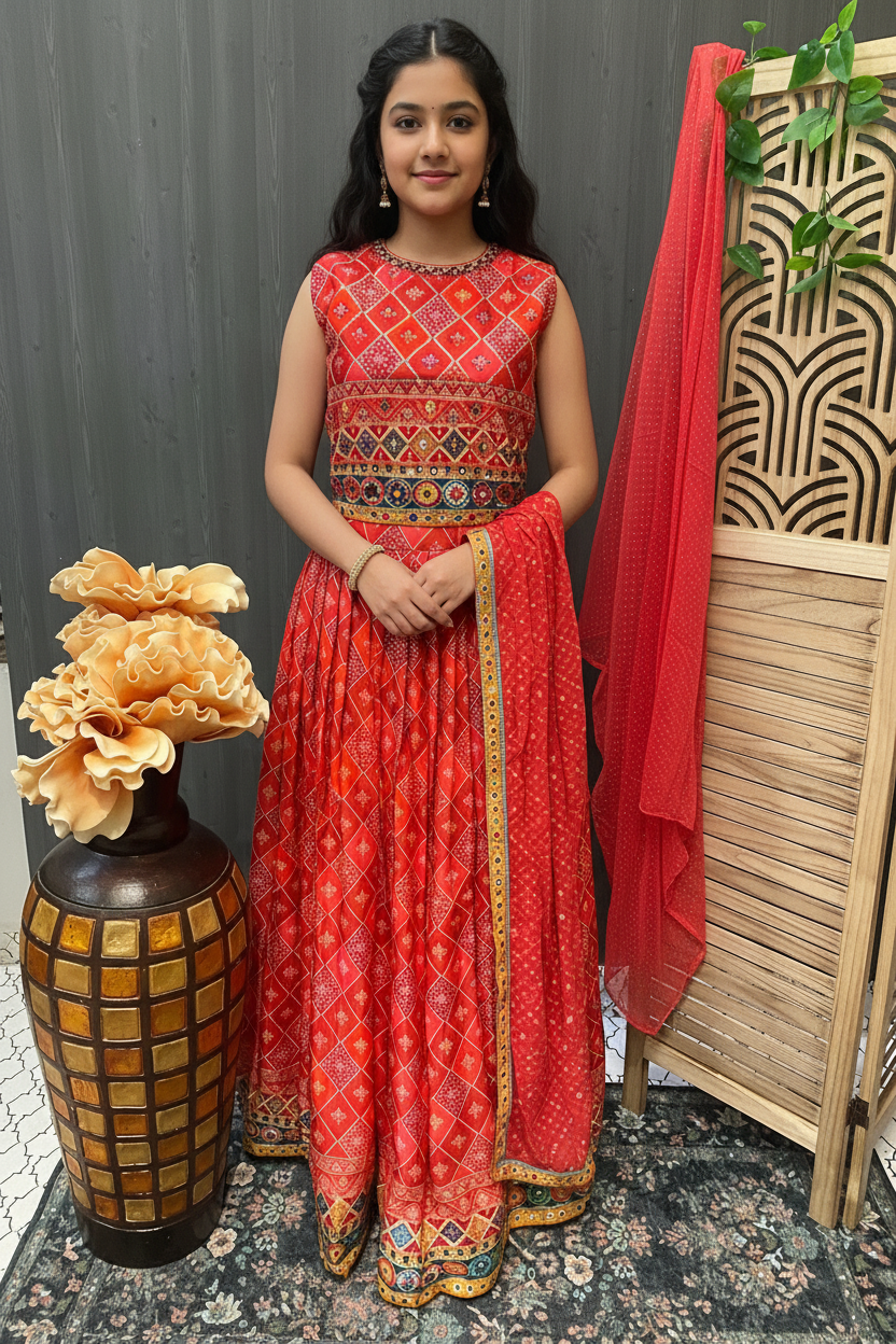 Teenage Girls Orange Bandhani Print Lehenga Set