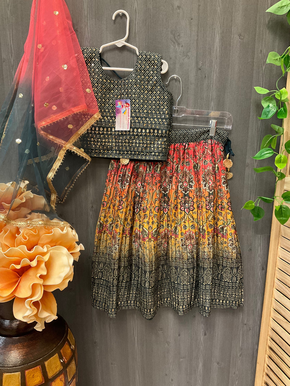 Green and Pink Cute kids lehenga set image 1